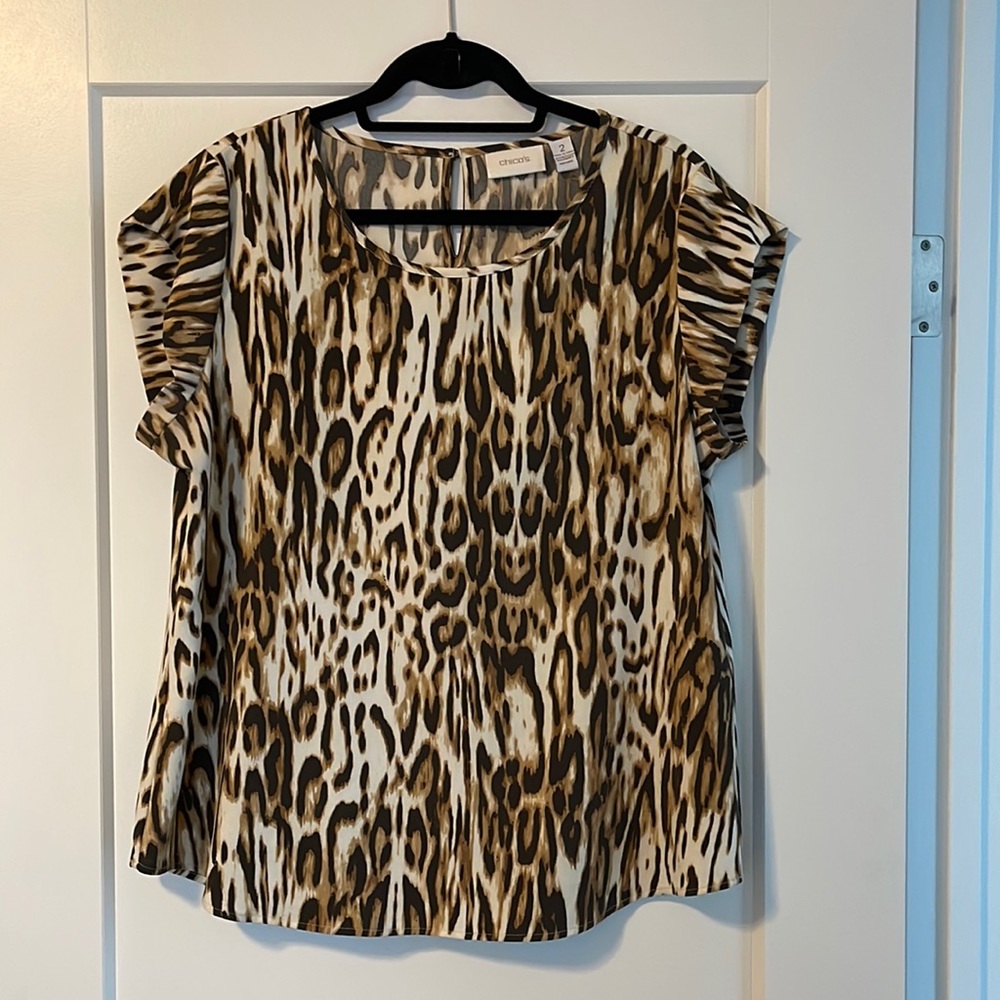 Chico's Animal Print Short Sleeve Blouse in Brown and Cream